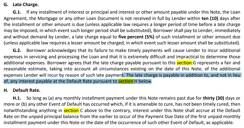 Where are late charge fees and default rate language documented?